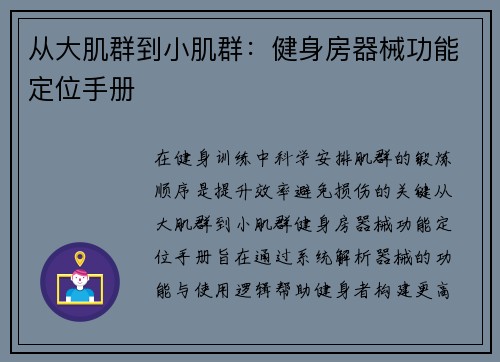从大肌群到小肌群：健身房器械功能定位手册