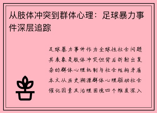 从肢体冲突到群体心理：足球暴力事件深层追踪